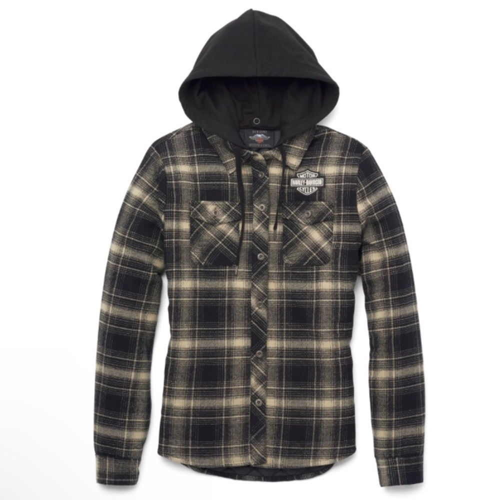 Harley Women's Bar & Shield Flannel Shirt Jacket w/ Removable Hood Plaid XS
